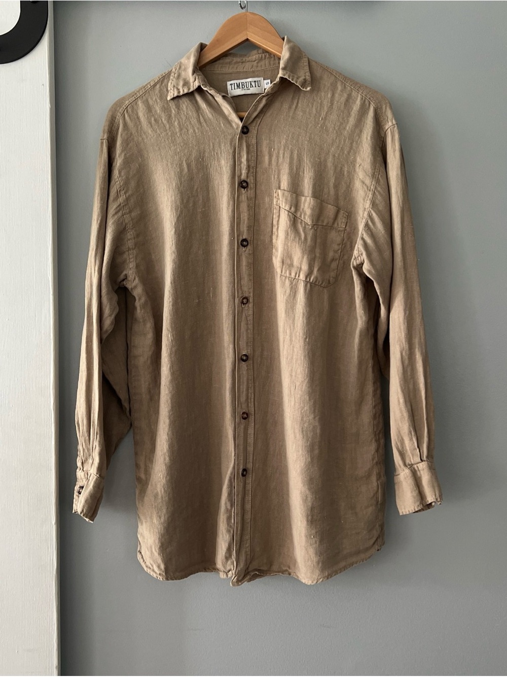 Vintage Timbuktu Station 100% Linen Button Front Long Shirt/ Tunic in Tan USA